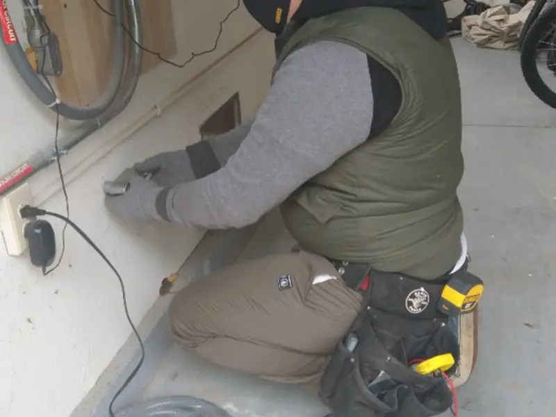 Electrician performing outlet wiring in a Carol Stream garage